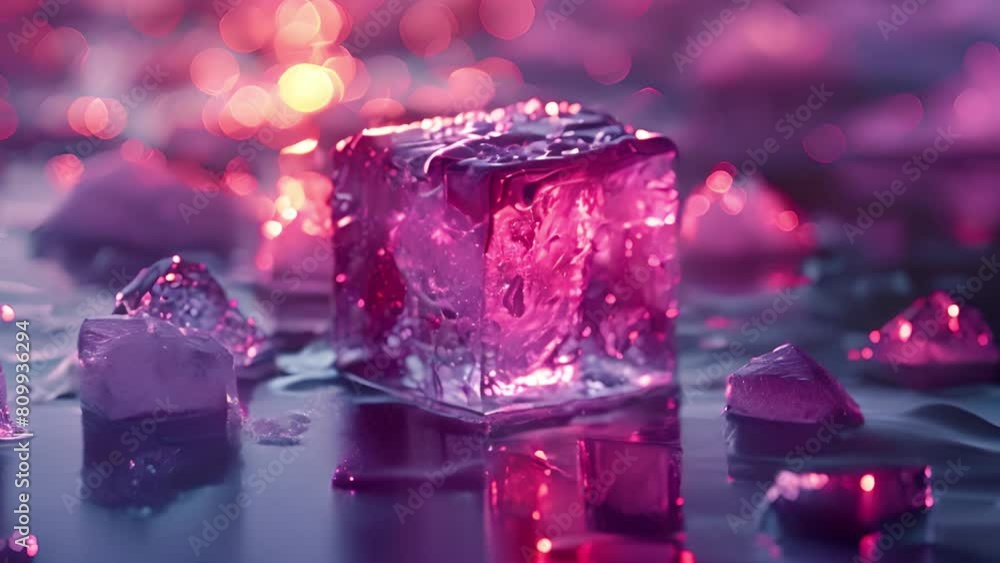 Detailed view of ice cubes melting on a wooden table, creating small puddles of water in a close-up shot. Detailed view of ice cubes melting on a wooden table, creating small puddles of water in a close-up shot.