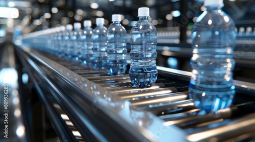 Production of bottling clean water at a production plant. Conveyor with water bottles.	
