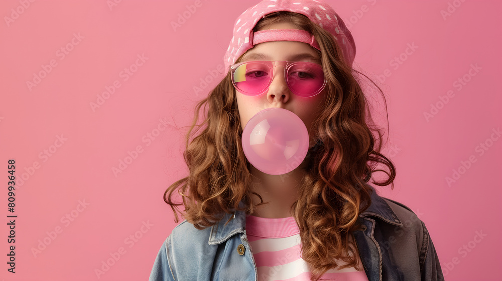 Young playful lady blowing bubble with chewing gum Young playful lady blowing bubble with chewing gum
