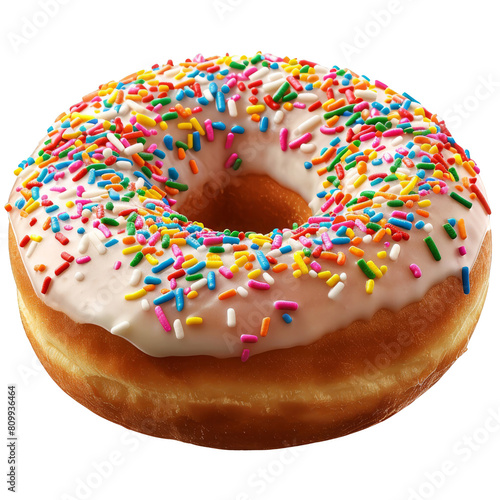 A delicious donut with white icing topped with rainbow sprinkles. photo