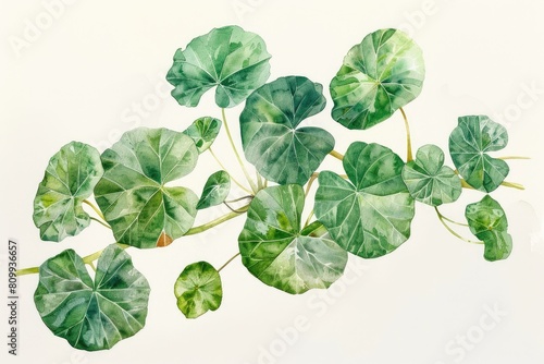 Watercolor centella asiatica leaves on a white background, Korean cosmetic product label photo