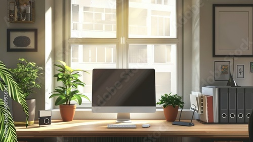 Cozy office coworking interior with pc desktop in row near window. Mock up wall realistic © Ahtesham