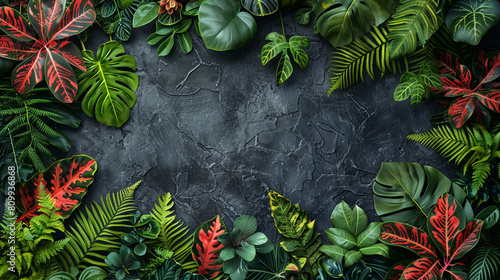 lush green tropical leaves on dark background, suitable for nature, travel, spa, wellness, beauty, health, skincare, haircare, cosmetics, fashion, summer, or any other related busi photo