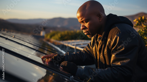 African Engineer Inspecting Solar Panels at Sunset in a Rural Setting
