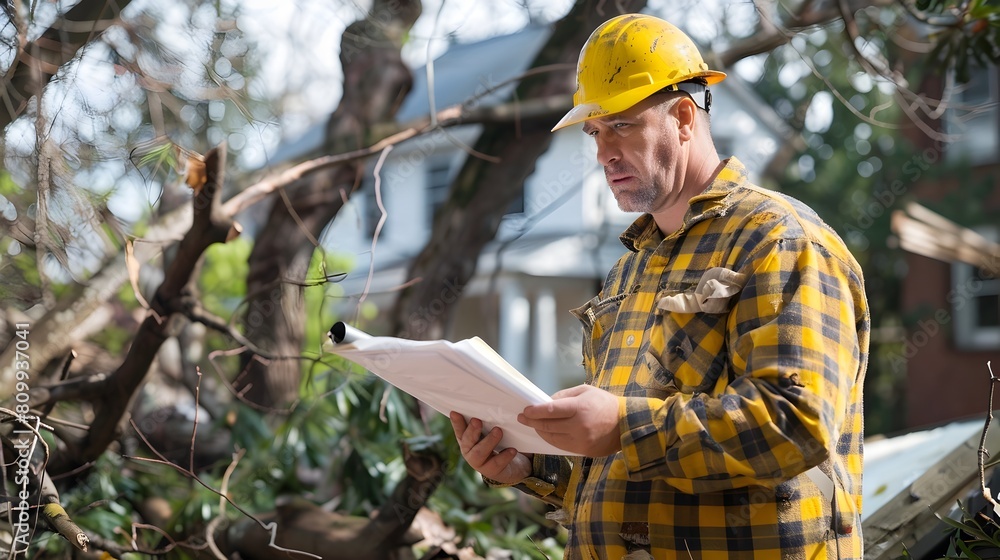 Maintenance Worker Assesses Property Damage Following Tree Fall for Insurance Claims