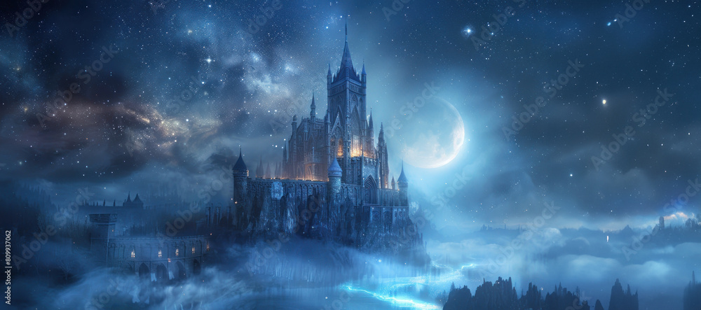Fototapeta premium A castle is shown in the sky with a moon in the background