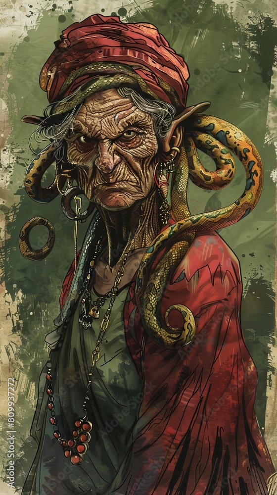 Naklejka premium Old witch woman with snakes in hair. character design watercolor and pencil. red gold green