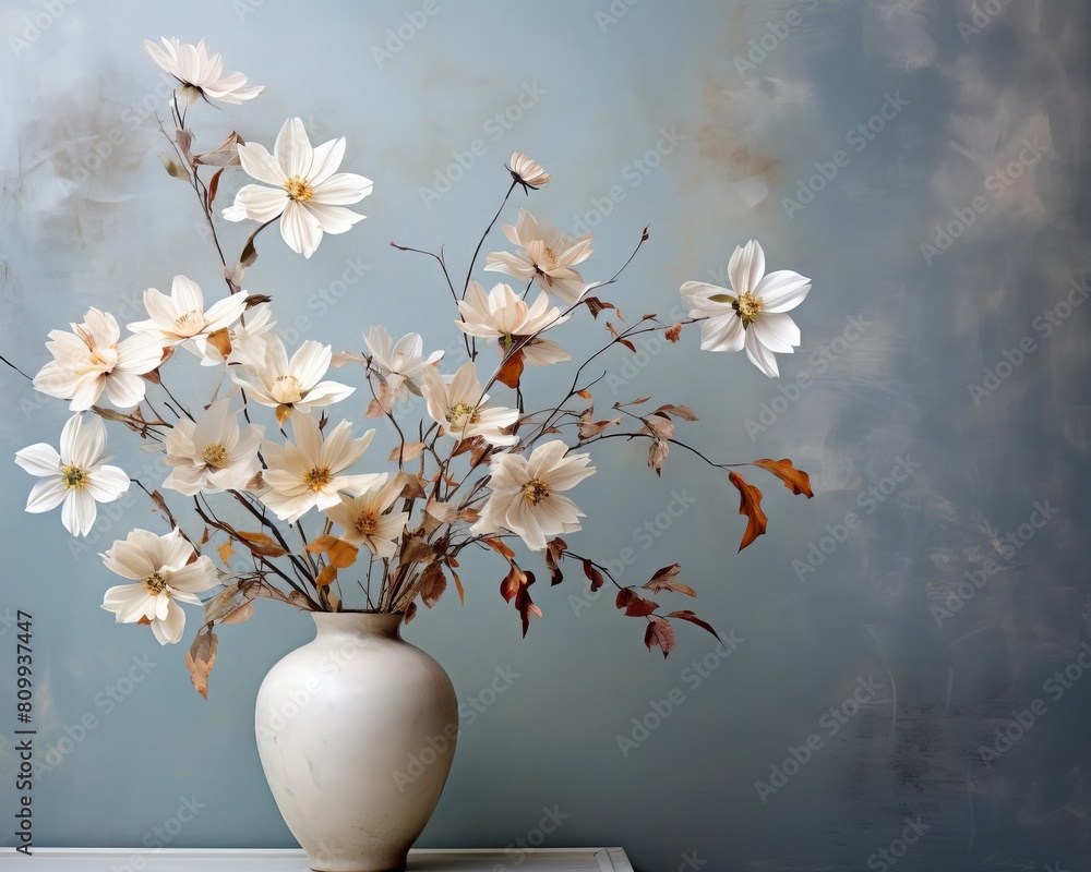 Elegant Aster stem with multiple flowers, artfully positioned on a muted grey canvas, showcasing its natural grace and simplicity Elegant Aster stem with multiple flowers, artfully positioned on a muted grey canvas, showcasing its natural grace and simplicity