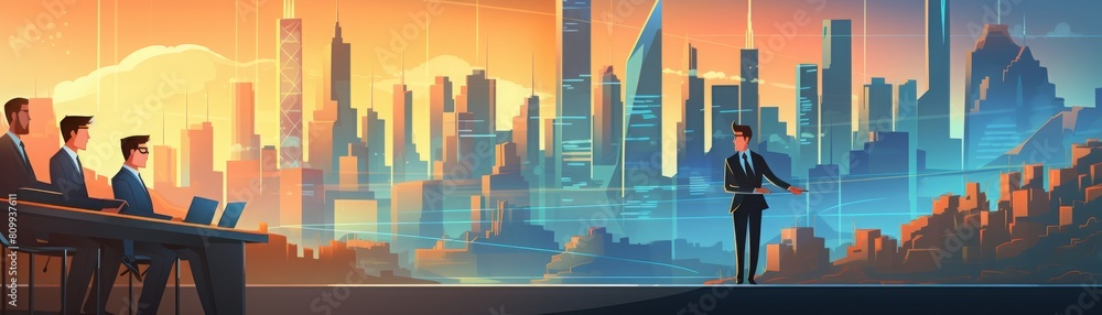 Obraz premium Cityscape with a group of people looking out at the view.