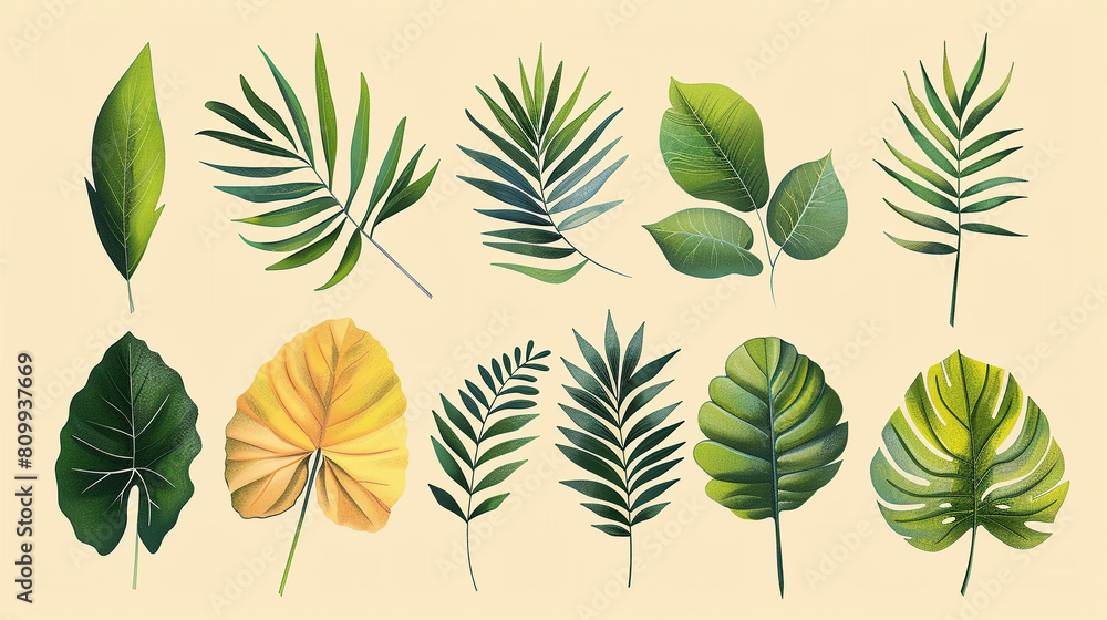 The image is a set of tropical leaves of different shapes and colors The image is a set of tropical leaves of different shapes and colors