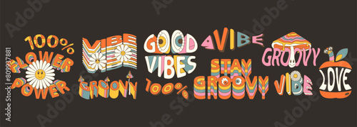 Groovy retro 70s style stickers with text. Daisy flower smile face, eye. Hippie slogans. Good vibes, groovy, love, good vibe, flower power.