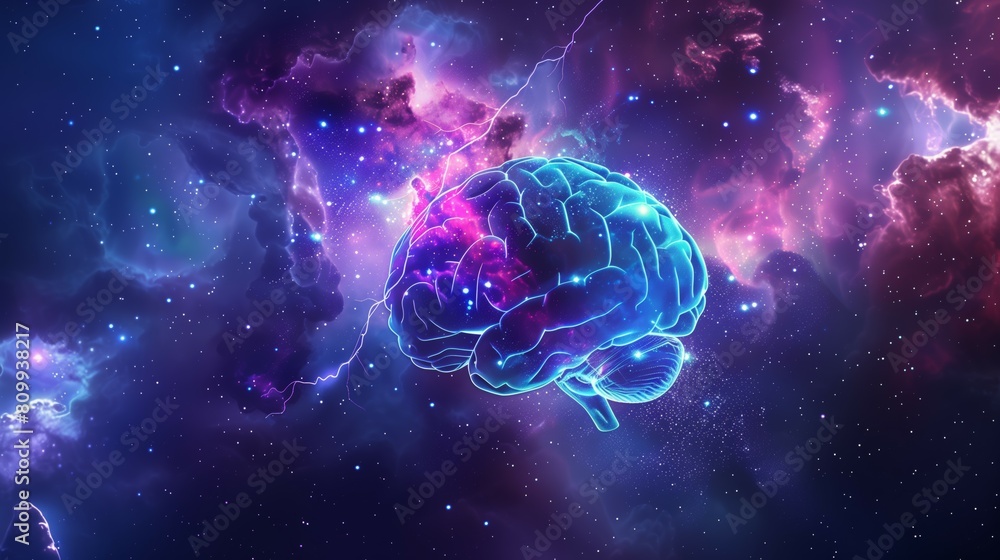 Depiction human brain floating cosmic setting neural electrical connections Depiction human brain floating cosmic setting neural electrical connections