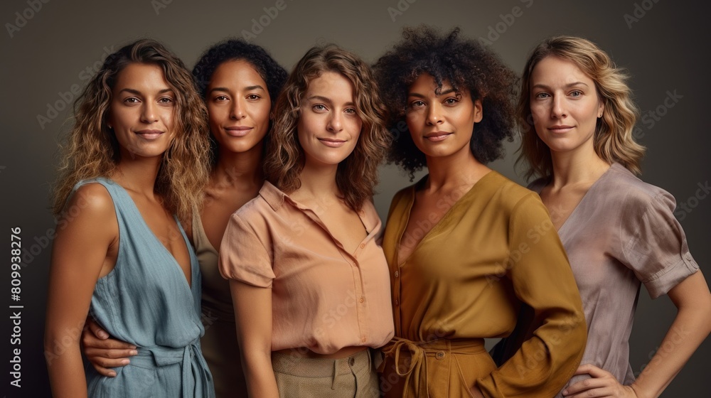 Diverse Group of Fashionable Women Standing Together in Studio Diverse Group of Fashionable Women Standing Together in Studio