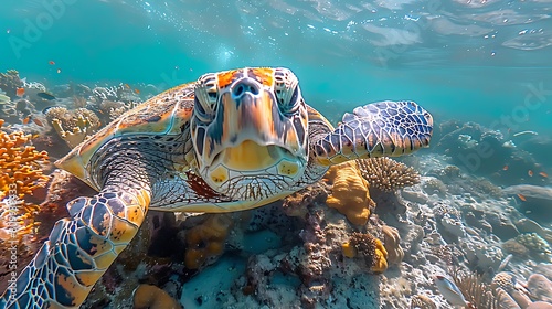 A curious sea turtle, swimming gracefully against a backdrop of coral reef, its shell glistening in the sunlight