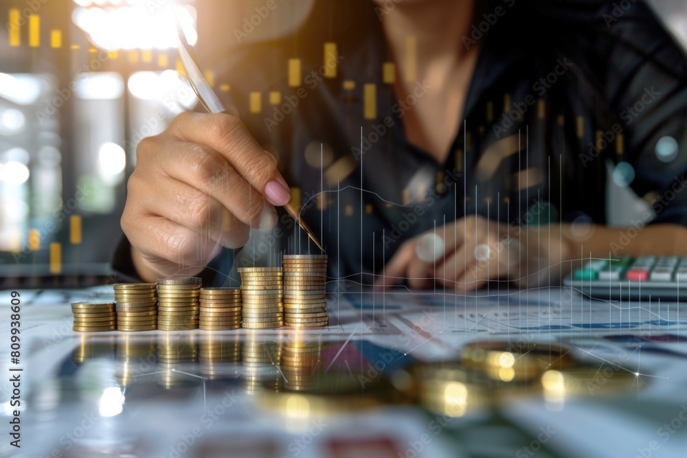 Person stacking coins on table, suitable for financial concepts Person stacking coins on table, suitable for financial concepts