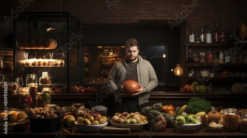 Young Man Holding Pumpkin in a Rustic Grocery Store Surrounded by Fresh Produce