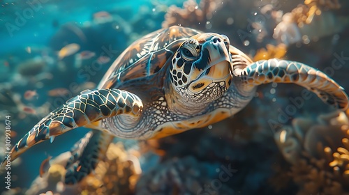 A curious sea turtle  swimming gracefully against a backdrop of coral reef  its shell glistening in the sunlight