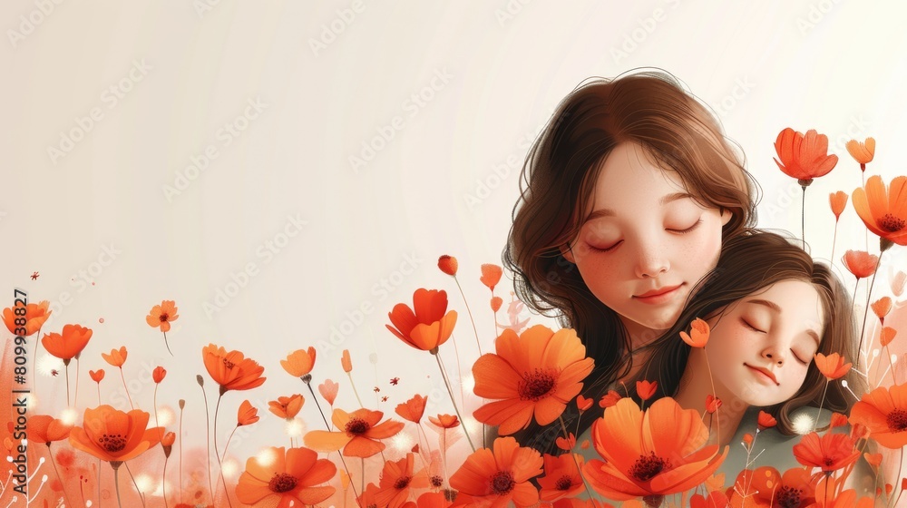 Fototapeta premium Happy Mothers day floral design art minimal illustration mom with daughter