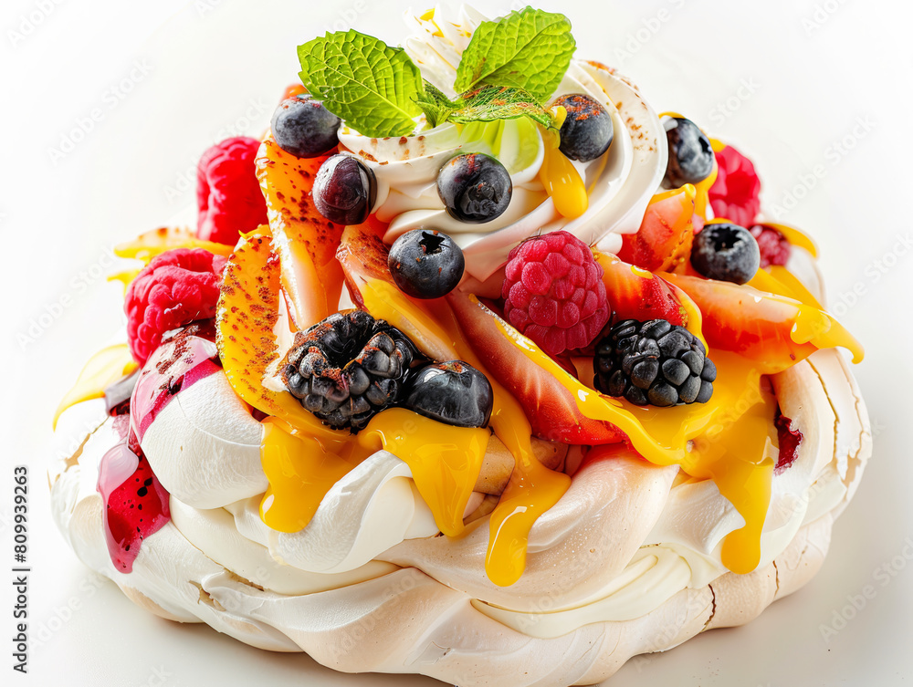 A dessert with a variety of fruits and whipped cream on top A dessert with a variety of fruits and whipped cream on top