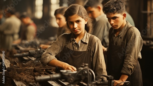 Young Workers in a Historical Industrial Workshop Engaged in Manual Labor photo