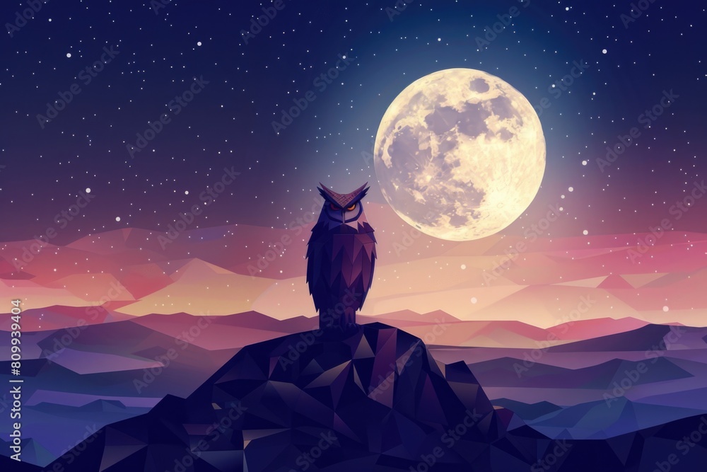Majestic owl perched on mountain peak under glowing full moon. Suitable for nature and wildlife themes Majestic owl perched on mountain peak under glowing full moon. Suitable for nature and wildlife themes