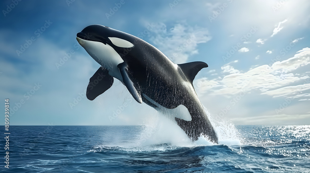 A magnificent killer whale jumping over the blue sea surface A magnificent killer whale jumping over the blue sea surface