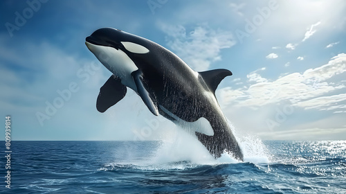 A magnificent killer whale jumping over the blue sea surface © May Thawtar