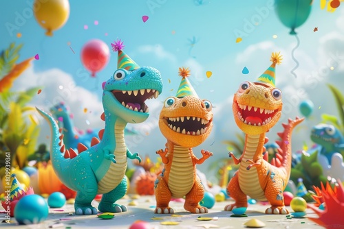 Fototapeta Naklejka Na Ścianę i Meble -  A colorful illustration of a cute dinosaur, with dinosaurs wearing party hats, celebrating a kids birthday. AI generated