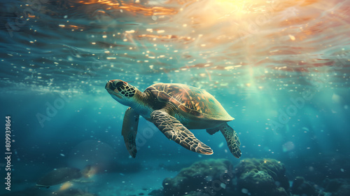Sea turtle or marine turtle swimming in ocean