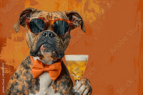 A fun illustration of a dog wearing sunglasses and a bow tie, hilariously attempting to drink a sophisticated cocktail. AI generated photo