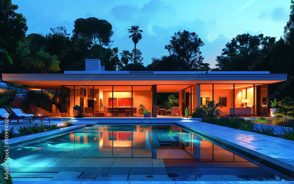 Mid-century modern home, nighttime, pool in foreground
