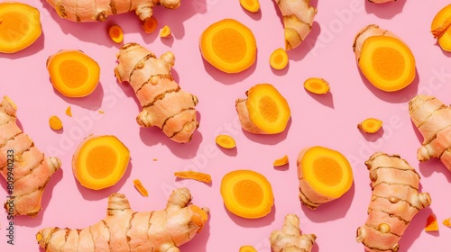 Turmeric slices and whole, shot from above, making a fun pattern on a bright pastel color background, magazine cover photo