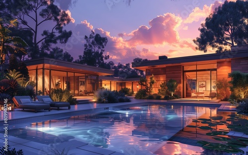 Mid-century modern home  nighttime  pool in foreground