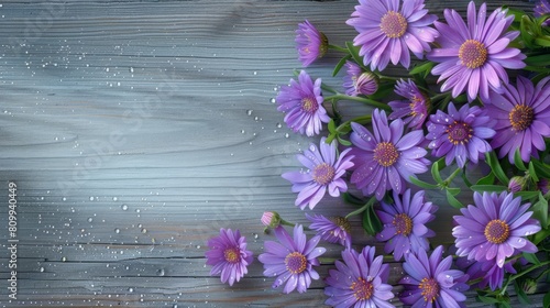 A rustic American style watercolor painting featuring a cluster of purple asters, with a focus on texture and detail, against a gray wooden backdrop. AI generated photo