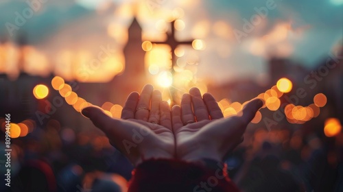 Please draw two hands cupped upwards with a bright light in the center of the palms and a blurry background of a city at sunset.