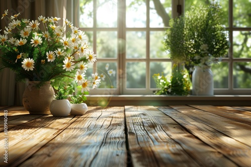 Bright daisies and lush greenery in a vase positioned on a wooden windowsill bathe in the sun's light