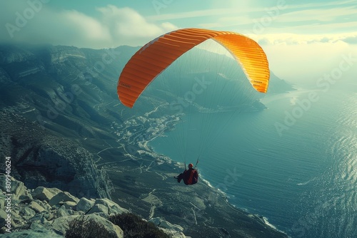 A striking image showing a paraglider soaring above a beautiful coastline with breathtaking views