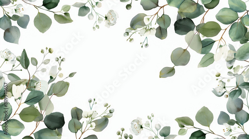 Floral eucalyptus selection vector frames. Hand painted branches, white flowers, leaves on white background. Greenery wedding invitations. Watercolor style cards