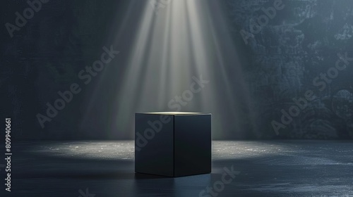 Matte black cube podium with a soft light spot overhead, dramatizing the products features with minimal distractions photo