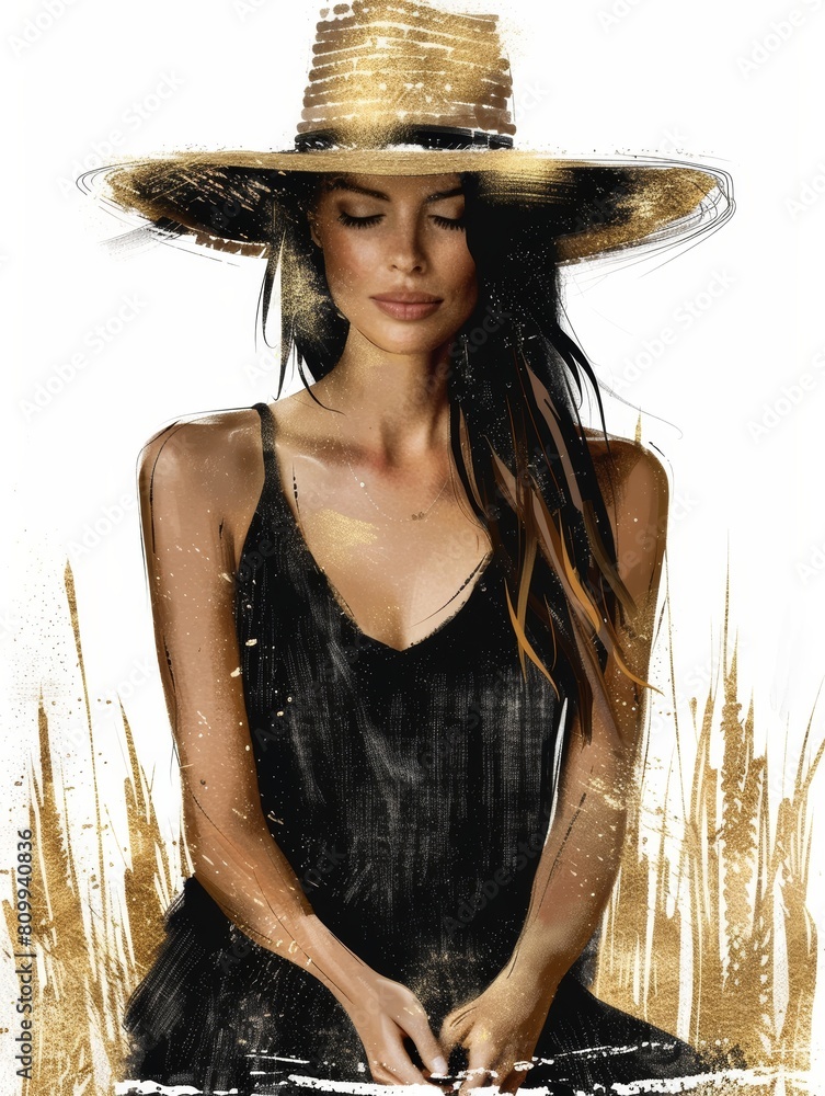 Φωτογραφία A painting of a woman wearing a hat, depicted in golden and black colors, showca