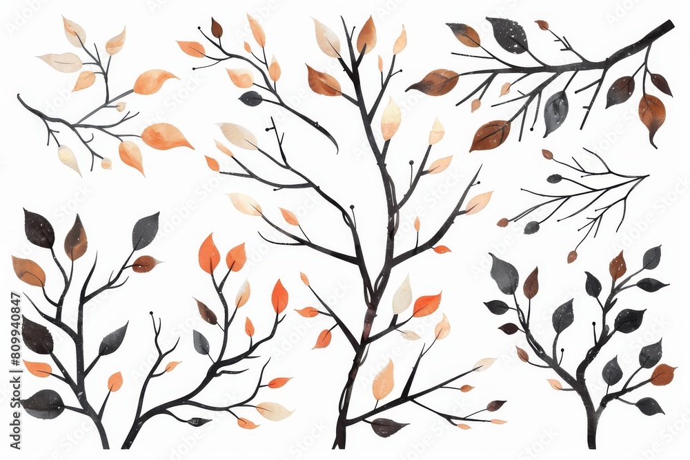 Branches drawing set, sketched autumn twigs, leaves, floral design elements, botany pictures Branches drawing set, sketched autumn twigs, leaves, floral design elements, botany pictures