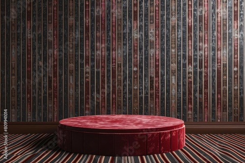 Retro velvetcovered podium on a background of classic pinstripe wallpaper, offering a touch of oldworld glamour and sophistication photo