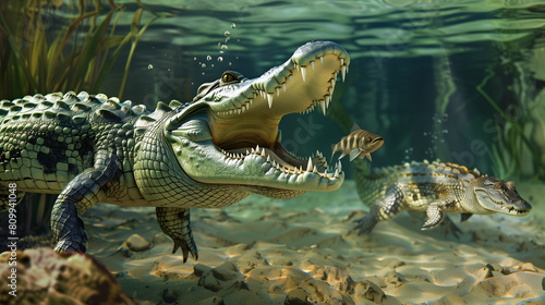 Crocodile opens jaws to snatch prey, its ferocious bite threatens small fish as the underwater chase ends in a snap.