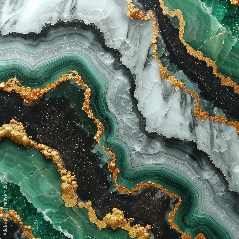 Abstract marble texture with black, white, and gold glitter lines, emerald green geode pattern Abstract marble texture with black, white, and gold glitter lines, emerald green geode pattern