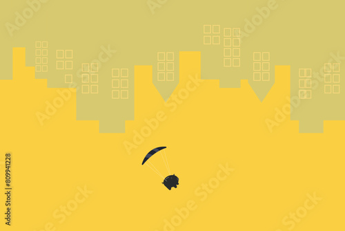 Piggy Bank Floating Down with black Parachute. financial saving