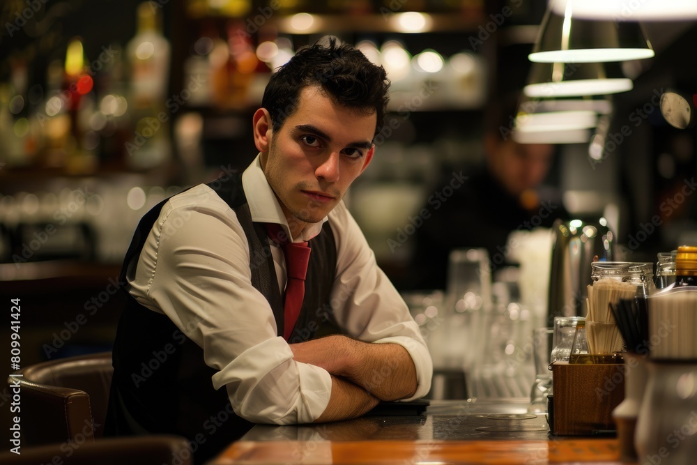 Sleepy Waiter in Cafe Bar. Bored Male Barkeeper Depressed with Service Occupation