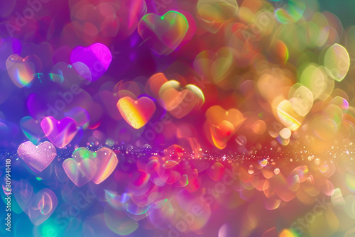 Background of glittering bokeh and shapes of hearts in rainbow colors