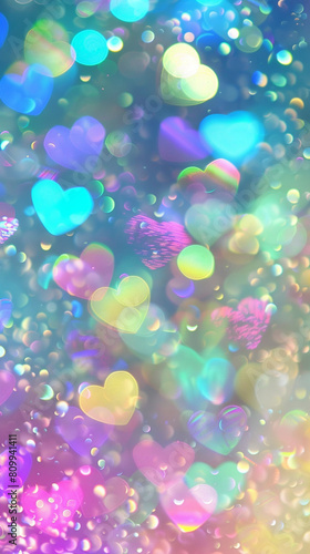 Background of glittering bokeh and shapes of hearts in rainbow colors