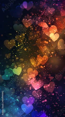 Background of glittering bokeh and shapes of hearts in rainbow colors