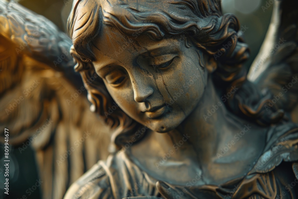 Detailed view of an angel sculpture, suitable for religious or memorial concepts Detailed view of an angel sculpture, suitable for religious or memorial concepts